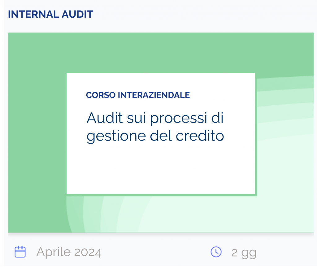 Audit sui processi di gestione del credito, corso interaziendale, internal audit, aprile 2024, 2 giorni