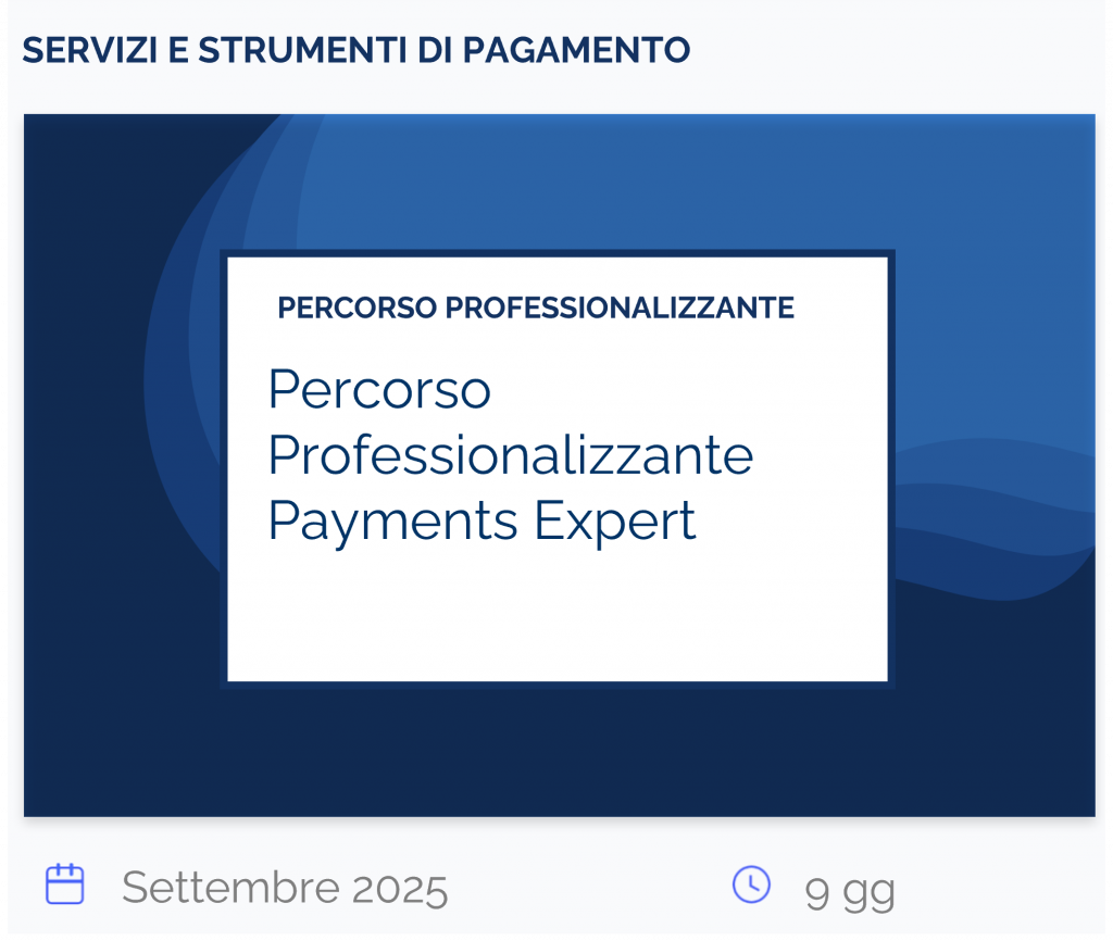 Percorso Professionalizzante Payments Expert, percorso, controlli interni, settembre 2025, 9 gg